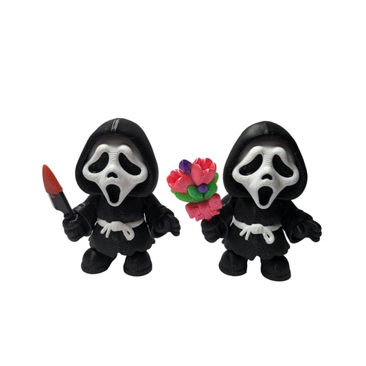 Two small figures resembling a grim reaper holding a knife and flowers on a white background